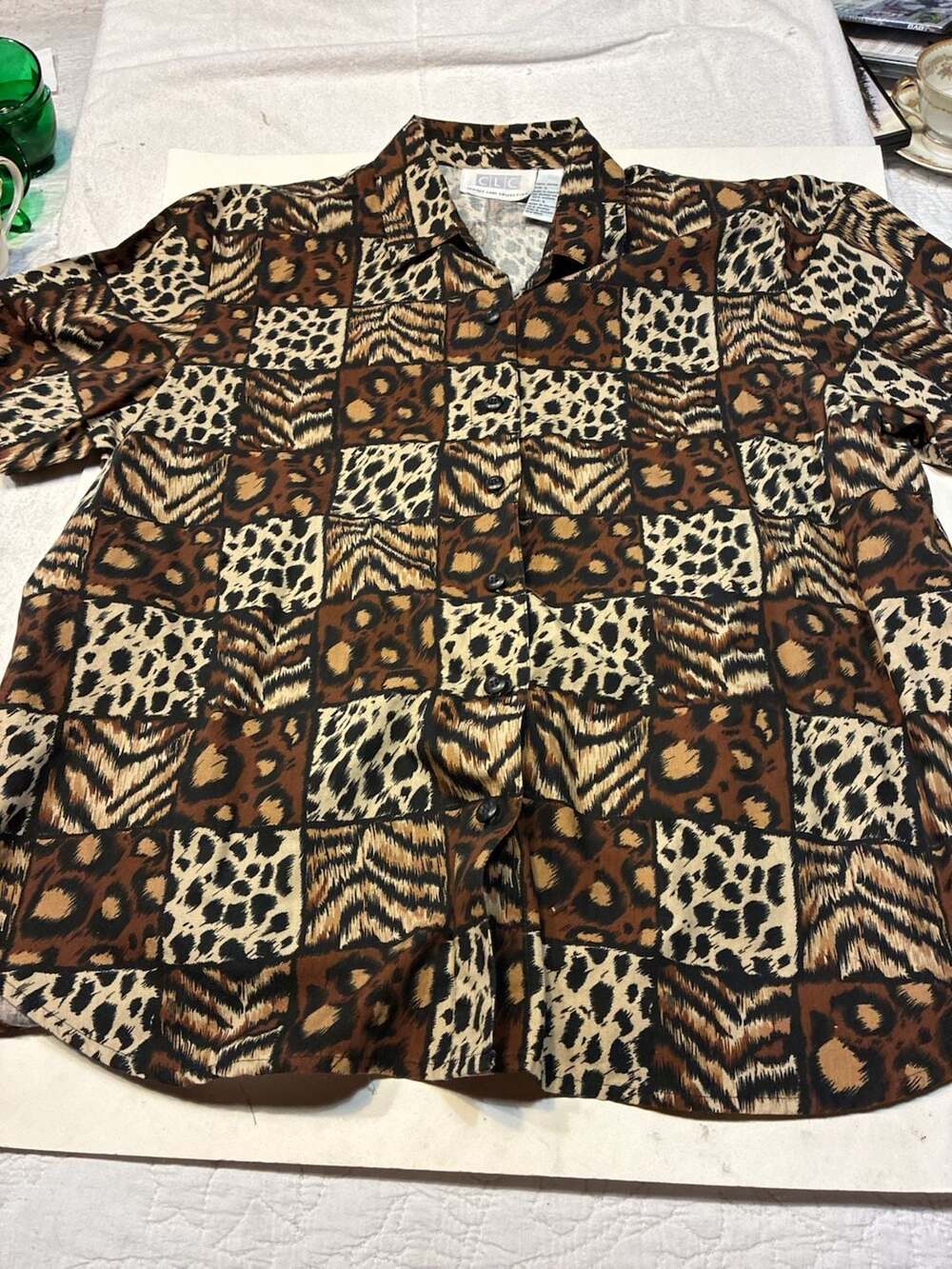 Cricket Lane Collection Vintage 90s Animal Print Patchwork Button Down Shirt